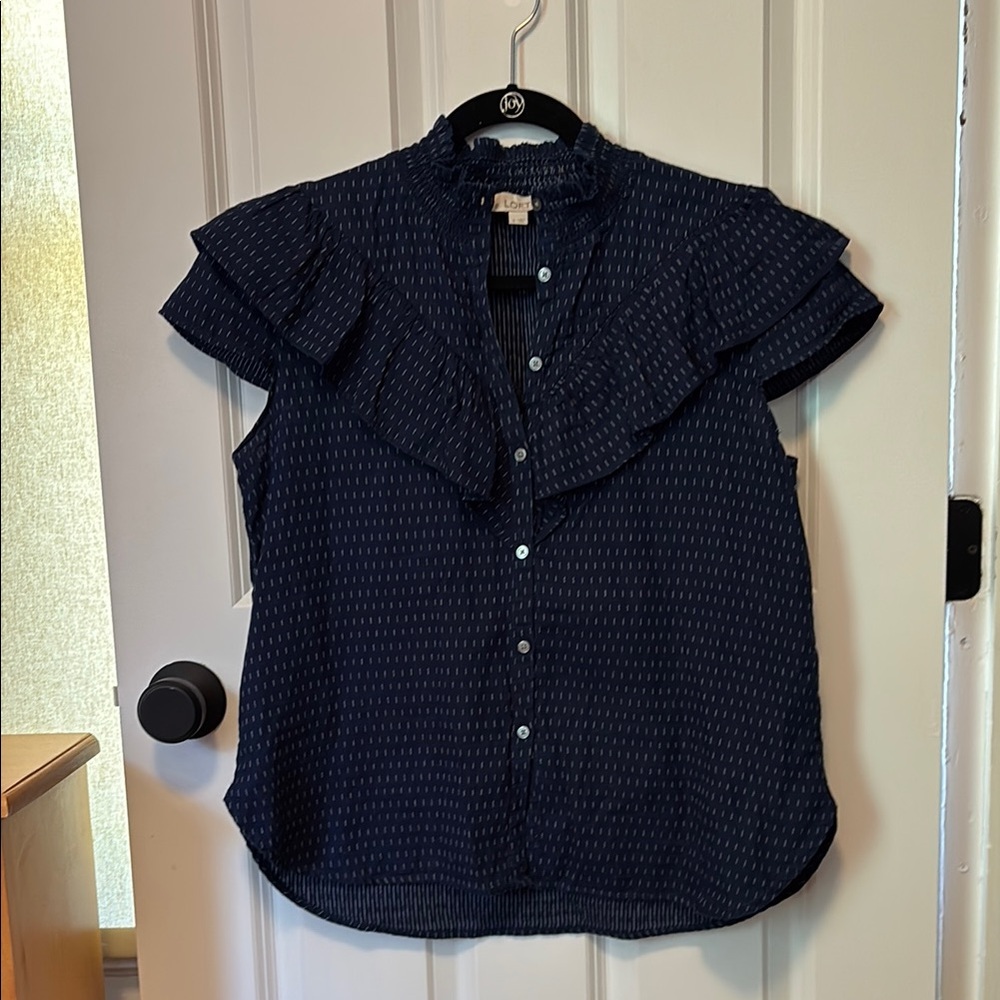LOFT Navy Ruffle V-Neck Button-Front Blouse
